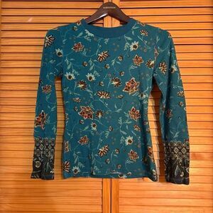 Sundance Teal and Brown Floral Long Sleeve Top small